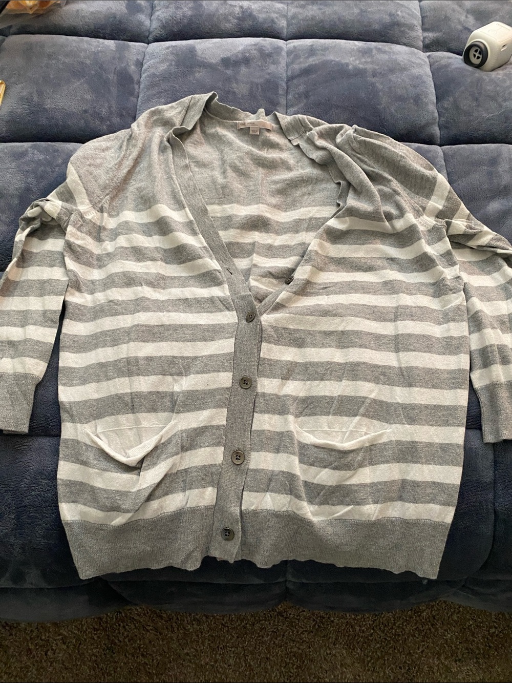 GAP Women's Gray and White Striped Button Cardigan